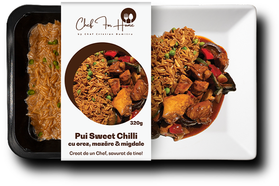 Pui Sweet Chilli cu orez, mazăre și migdale
